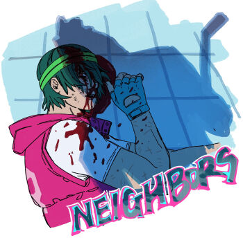 1boy biker_(hotline_miami) blood blood_on_clothes blood_on_face chocytd english_text fingerless_gloves from_side gloves green_eyes green_hair green_headband headband highres hotline_miami lying male_focus pink_vest shirt sleeveless solo tile_floor tiles upper_body vest white_shirt