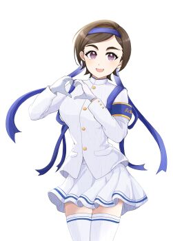 1girl armband blue_headband blue_ribbon brown_hair buttons gloves hair_ribbon headband heart heart_hands highres idolmaster idolmaster_cinderella_girls long_sleeves matsuo_chizuru ouendan purple_eyes ribbon shirt simple_background skirt smile solo sonakao thighhighs white_background white_gloves white_shirt white_skirt white_thighhighs zettai_ryouiki