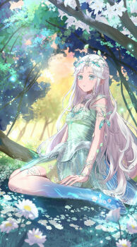 1girl :o absurdres bare_shoulders barefoot blue_wings bracelet brooch butterfly_hair_ornament circlet clothing_cutout collarbone commentary_request daisy_(flower) dot_nose dress dress_flower expressionless eyelashes eyeshadow fairy fairy_wings field flower flower_field forest_ripple_(infinity_nikki) full_body green_dress green_eyes green_eyeshadow hair_ornament highres infinity_nikki jewelry kneeling kohanai_setsuna light_particles light_rays log long_hair low_wings makeup nikki_(series) orange_sky outdoors parted_lips short_dress short_sleeves shoulder_cutout sidelocks sky solo sunset tree very_long_hair wavy_hair white_flower white_hair wings