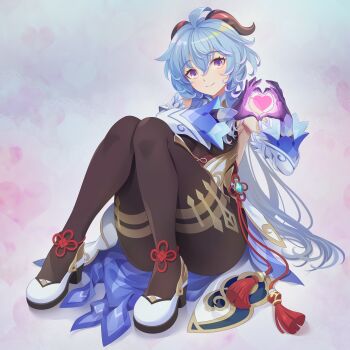 Rule 34 | 1girl, 440 (straight440), absurdres, blue hair, closed mouth, commentary request, flower, four-finger heart hands, ganyu (genshin impact), genshin impact, goat girl, goat horns, hair between eyes, heart, heart hands, highres, horns, light blush, long hair, long sleeves, looking at viewer, pantyhose, purple eyes, shoes, simple background, sitting, solo, very long hair, vision (genshin impact), white shoes