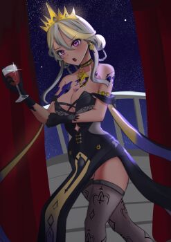 1girl absurdres black_dress black_gloves blonde_hair breasts cleavage cup dress earrings glitch_stars gloves gold_tiara grey_hair hair_between_eyes highres holding holding_cup jewelry lips long_hair necklace open_mouth purple_eyes sky solo star_(sky) starry_sky strap_slip sunny_splosion sunny_splosion_(witch_queen) thighhighs virtual_youtuber zipperqr