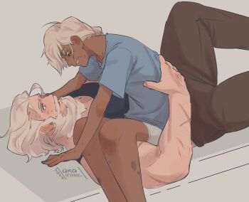 1boy 1girl akairosu ana_(overwatch) arm_hair beard black_tank_top blue_eyes blue_shirt brown_pants connected_beard dark-skinned_female dark_skin embarrassed facial_hair grey_hair hetero highres liver_spots looking_at_another lying old old_man old_woman on_back overwatch pants parted_lips reinhardt_(overwatch) scar scar_on_arm shirt short_sleeves tank_top