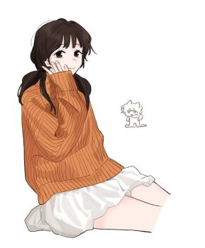 Rule 34 | 1girl, animification, basil (wgh0anzdple3asf), brown hair, chibi, chibi inset, closed mouth, cropped legs, highres, long hair, looking at viewer, orange sweater, real life, ribbed sweater, short shorts, shorts, simple background, sitting, sweater, tsukine kona, turtleneck, turtleneck sweater, voice actor, white background, white shorts