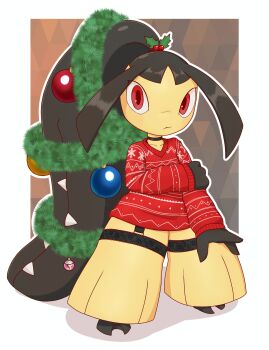 1girl absurdly_long_hair absurdres barefoot big_hair black_choker black_hair black_skin blush border bottomless brown_background choker christmas_ornaments christmas_ornaments_in_hair christmas_sweater closed_mouth collarbone colored_skin extra_mouth female_focus flat_chest full_body garter_straps gen_3_pokemon hair_ornament hand_up highres holding_own_arm holly_hair_ornament light_blush long_hair long_sleeves looking_at_viewer mawaifu mawile mega_stone multicolored_skin nintendo nose_blush outline outside_border pokemon pokemon_(creature) red_eyes red_sweater sharp_teeth sidelocks snowflake_print solo standing sweater teeth thick_thighs thighs tinsel two-tone_skin very_long_hair white_border white_outline yellow_skin