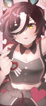 1girl absurdres animal_ears black_shirt black_shorts blush breasts brown_hair clothing_cutout commentary_request cropped_shirt detached_collar ear_ornament eyepatch finger_heart grey_skirt hair_between_eyes hair_over_one_eye heart highres horse_ears horse_girl kurumiya_(krmy_p) looking_at_viewer meni_shuki_rush-sshu! midriff multicolored_hair navel parted_lips shirt short_hair shorts shoulder_cutout skirt smile solo streaked_hair tanino_gimlet_(umamusume) umamusume white_hair yellow_eyes