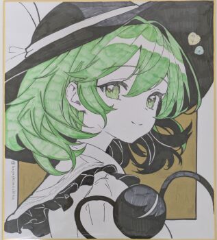 1girl absurdres black_hat bow closed_mouth collared_shirt commentary_request double-parted_bangs frilled_shirt_collar frills green_eyes green_hair hair_between_eyes hat hat_bow highres komeiji_koishi marker_(medium) portrait re_re_merry shikishi shirt short_hair smile solo third_eye touhou traditional_media twitter_username white_bow white_shirt