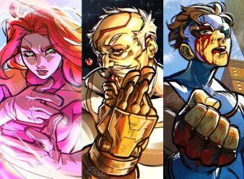 1boy 1girl 2boys atom_eve bald black_hair blood blood_on_face bodysuit conquest_(invincible) facial_hair green_eyes invincible_(character) invincible_(series) itslaghy jujutsu_kaisen leotard long_hair mark_grayson multiple_boys muscular muscular_male mustache old old_man orange_hair pink_leotard prosthesis prosthetic_arm scar scar_across_eye scar_on_face scar_on_head scene_reference short_hair superhero_costume teeth thick_mustache white_hair