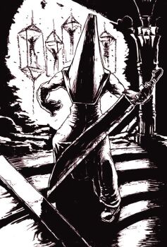 1boy 4others ambiguous_gender backlighting boots cage column facing_viewer great_knife greyscale high_contrast holding holding_knife kikai_(akita_morgue) knife monochrome multiple_others muscular muscular_male object_head on_stairs pillar pyramid_head robe silent_hill_(series) silent_hill_2 silhouette sleeveless standing torture