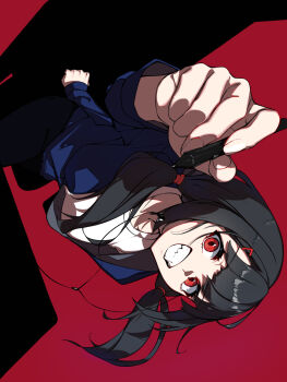 1girl black_hair grin highres holding holding_pen karasuri long_hair looking_at_viewer original pen red_background red_eyes smile solo twintails