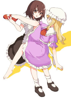 Rule 34 | 2girls, ascot, back bow, barefoot, black shoes, black skirt, blonde hair, bobby socks, bow, brown eyes, brown hair, commentary request, footwear bow, frilled shirt collar, frilled skirt, frills, hat, long hair, maribel hearn, mary janes, mob cap, multiple girls, no headwear, no socks, pink shirt, pink skirt, puffy short sleeves, puffy sleeves, red shoes, shadow, shirt, shoes, short hair, short sleeves, shukinuko, single shoe, skirt, socks, touhou, usami renko, white shirt, yellow eyes