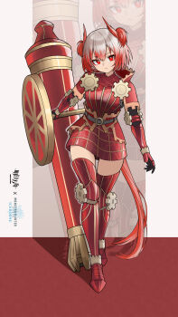 1girl absurdres alternate_costume arknights armor armored_boots armored_dress boots bright_pupils cannon chinese_commentary closed_mouth commentary_request dress fiammetta_(arknights) full_body gears grey_hair highres jiuyu_qame looking_at_viewer monster_hunter:_world monster_hunter_(series) monster_hunter_world:_iceborne multicolored_hair red_boots red_dress red_eyes red_hair red_tail short_hair solo standing steampunk tail thigh_boots two-tone_hair vambraces white_pupils zoom_layer