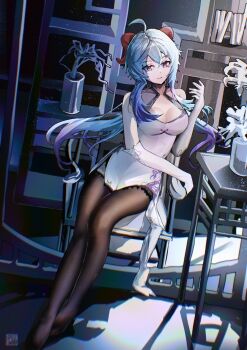 1girl absurdres alternate_costume bare_shoulders blue_hair chair flower ganyu_(genshin_impact) genshin_impact highres horns long_hair no_shoes on_chair red_eyes soles tongyu