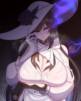 1girl absurdres black_hair breasts cleavage constance_(honkai:_star_rail) demon_horns demon_tail dress flower gloves hat hat_flower highres honkai:_star_rail honkai_(series) horns huge_breasts laxiusart mixed-language_commentary mole mole_under_eye purple_eyes sun_hat tail upper_body white_dress
