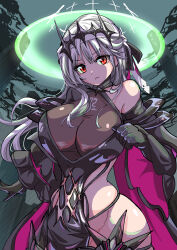 Rule 34 | 1girl, absurdres, black choker, black crown (object), black dress, breasts, chinposiself, choker, cleavage, cowboy shot, dress, gloves, goddess of victory: nikke, grey hair, hair ornament, highres, large breasts, leotard, long hair, long sleeves, looking at viewer, modernia (second affection) (nikke), navel, official alternate costume, pink ribbon, purple gloves, red eyes, ribbon, see-through, see-through cleavage, see-through leotard, sideboob, single bare shoulder, solo, thighs