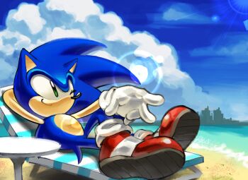 1boy ;) arm_behind_head beach beach_chair blue_fur chair cloud cloudy_sky commentary edlucavalden english_commentary furry furry_male gloves green_eyes highres male_focus ocean on_chair one_eye_closed red_shoes shoes sky smile solo sonic_(series) sonic_the_hedgehog white_gloves
