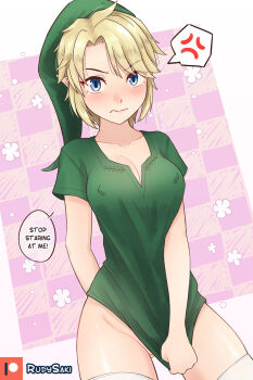 1girl anger_vein blonde_hair blue_eyes blush breasts cleavage covered_erect_nipples dress genderswap genderswap_(mtf) gluteal_fold green_dress green_headwear highres large_breasts link looking_at_viewer nintendo no_bra no_panties rudy_saki solo spoken_anger_vein the_legend_of_zelda thighhighs