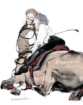 2026 2boys bdsm bit_gag black_boots blue_eyes boots bridle brown_hair brown_vest centaur chinese_zodiac commentary dated english_commentary full_body gag glasses grey_hair happy_new_year highres kiss kissing_cheek looking_at_another male_focus monster_boy multiple_boys new_year original reins riding_crop saddle shirt short_hair simple_background sitting taur vest white_background white_shirt yaoi yayayoshi year_of_the_horse