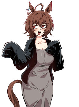 1girl :d agnes_tachyon_(umamusume) ahoge animal_ears black_jacket breasts brown_eyes brown_hair dinoyhs dress grey_dress highres horse_ears horse_girl horse_tail jacket long_sleeves medium_breasts open_mouth short_hair simple_background smile solo tail umamusume white_background