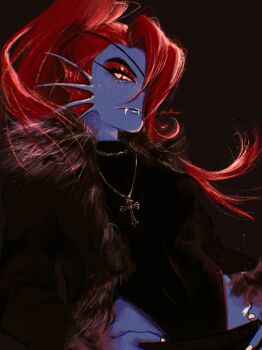 1girl alternate_costume black_background black_jacket black_shirt blue_skin closed_mouth colored_skin cross cross_necklace eyepatch eyeshadow fangs fingernails fins fish_girl fur-trimmed_jacket fur_trim high_ponytail highres jacket jewelry long_hair long_sleeves looking_at_viewer makeup necklace one_eye_covered ponytail red_eyeshadow red_hair shirt simple_background slit_pupils solo ttalgibouquet twitter_username undertale undyne upper_body utdr_(toby_fox) yellow_eyes