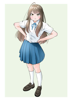 Rule 34 | 1girl, ahoge, blue ribbon, blue skirt, border, brown eyes, brown hair, brown shoes, frown, full body, green background, hands on own hips, loafers, long hair, looking at viewer, neck ribbon, original, outside border, pleated skirt, ribbon, shirt, shoes, simple background, skirt, socks, solo, standing, v-shaped eyebrows, white border, white shirt, white socks, yamanaka kouji (yanchiki2001)