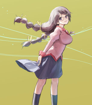 1girl bakemonogatari black_socks braid breasts commentary_request floating_hair from_side glasses grey_skirt hanekawa_tsubasa highres kneehighs long_hair looking_at_viewer monogatari_(series) naoetsu_high_school_uniform one-hour_drawing_challenge oretekiya pink_shirt puffy_short_sleeves puffy_sleeves school_uniform shirt short_sleeves skirt smile socks solo twin_braids