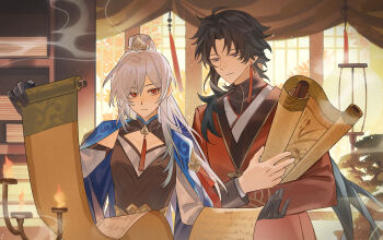 1boy absurdres arm_up black_gloves black_hair blade_(honkai:_star_rail) center_opening chinese_clothes chinese_commentary closed_mouth collarbone couple detached_sleeves gloves green_eyes grey_hair hair_between_eyes hair_over_shoulder head_tilt high_ponytail highres holding holding_scroll honkai:_star_rail honkai_(series) indoors jingliu_(honkai:_star_rail) leaning_to_the_side long_hair long_sleeves looking_down looking_to_the_side ponytail red_eyes robe scroll smoke smoke_trail standing upper_body yanhuitangqian