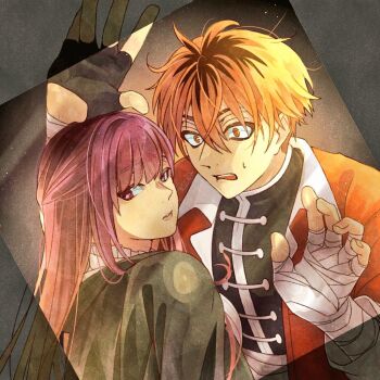 Rule 34 | 1boy, 1girl, black cape, black gloves, black hair, blonde hair, cape, fern (sousou no frieren), fingerless gloves, gloves, hair between eyes, hands up, hetero, kesyeru, looking at another, looking at viewer, multicolored hair, open mouth, orange eyes, purple eyes, purple hair, single fingerless glove, sousou no frieren, stark (sousou no frieren), streaked hair, sweatdrop, wrist wrap