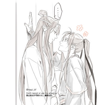 Rule 34 | ..., 2boys, against wall, ahoge, chinese clothes, closed mouth, commentary request, eye contact, face-to-face, flower, from side, greyscale, hair bun, hair ribbon, hand on wall, hanfu, headband, height difference, high ponytail, kabedon, lan wangji, long hair, long sleeves, looking at another, male focus, modao zushi, monochrome, multiple boys, ponytail, profile, ribbon, robe, sash, sidelocks, smile, spoken ellipsis, topknot, twitter username, upper body, very long hair, wei wuxian, white background, wide sleeves, yaoi, ykmr (haga)