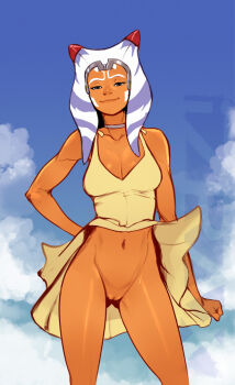 1girl ahsoka_tano breasts choker cleft_of_venus clothes_lift cloud cloudy_sky colored_skin cosplay dress dress_lift izra looking_at_viewer neon_genesis_evangelion no_panties orange_skin pussy sky solo souryuu_asuka_langley souryuu_asuka_langley_(cosplay) star_wars star_wars:_the_clone_wars stomach tentacle_hair togruta uncensored wind wind_lift yellow_dress