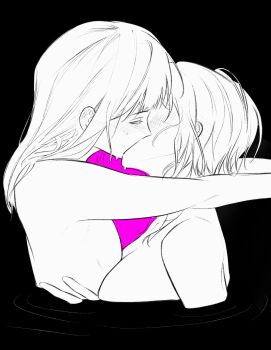 2girls arms_around_neck asymmetrical_docking bang_dream! bang_dream!_it&#039;s_mygo!!!!! black_background blush breast_press breasts french_kiss hero45439083942 highres kiss large_breasts long_hair medium_breasts multiple_girls nude purple_background short_hair sweat two-tone_background wakaba_mutsumi yuri yuutenji_nyamu