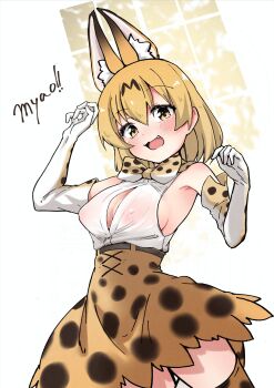 1girl absurdres animal_ear_fluff animal_ears animal_print armpits belt blonde_hair blush bow bowtie english_text extra_ears gloves highres kemono_friends looking_at_viewer low-cut_armhole nipples no_bra open_mouth print_bow print_bowtie print_gloves print_skirt see-through_clothes serval_(kemono_friends) shirt simple_background skirt solo teeth thighhighs white_shirt yellow_eyes yokaranuyakara