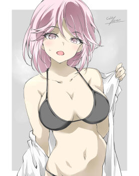 1girl bikini black_bikini breasts cleavage gakky giuseppe_garibaldi_(kancolle) highres kantai_collection large_breasts one-hour_drawing_challenge open_clothes open_shirt pink_eyes shirt short_hair solo swimsuit upper_body white_shirt