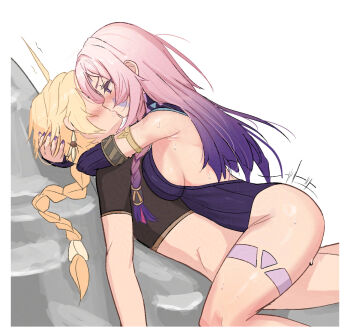1boy 1girl aether_(genshin_impact) age_difference ahoge armlet armpit_crease backless_leotard blonde_hair blush bottomless braid braided_ponytail breast_press breasts brown_shirt citlali_(genshin_impact) clothed_sex cowgirl_position crop_top detached_sleeves earrings eyelashes faceless faceless_male facial_mark feet_out_of_frame femdom from_side genshin_impact girl_on_top gradient_hair half-closed_eyes head_hug hetero highres hug implied_sex jewelry kiss large_breasts leaning_forward leotard long_hair long_sleeves looking_at_another lying motion_lines multicolored_hair nail_polish no_bra onee-shota pink_hair pink_pupils purple_eyes purple_hair purple_leotard purple_nails purple_sleeves ribbed_leotard ribbed_sleeves saliva sex shirt shota side_braid sideboob sideless_outfit simple_background straddling straight_hair sweat thigh_marking v-shaped_eyebrows valenthania white_background