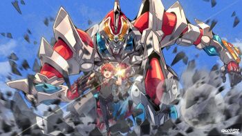 Rule 34 | acceptor, armor, blue eyes, blue sky, cloud, cloudy sky, day, gao ex kaiser, glowing, gridman (character), gridman (denkou choujin), gridman (ssss), gridman universe, hibiki yuuta, highres, open mouth, outdoors, pants, red hair, school uniform, shirt, short hair, short sleeves, sky, ssss.gridman, tokusatsu, white shirt, yellow eyes