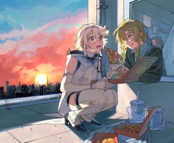 Rule 34 | 2girls, absurdres, bare shoulders, blonde hair, book, bookshelf, boots, box, bracelet, chicken nuggets, city, cloud, cloudy sky, collared shirt, commentary, cup, disposable cup, drinking straw, elbow gloves, eye mask, food, gloves, green jacket, grin, heart-shift bracelets, highres, hood, hood down, hooded leotard, jacket, jewelry, jiguang haibao, koishikawa iko, leotard, long hair, mask, multiple girls, onion rings, open mouth, pepperoni, pepperoni pizza, pizza, pizza box, pizza slice, red eyes, scar, scar across eyebrow, scar on face, shirt, short hair, shy (character), shy (series), sky, smile, squatting, sunset, superhero costume, teeth, thigh boots, white boots, white hair, white leotard, yellow eyes, yuri