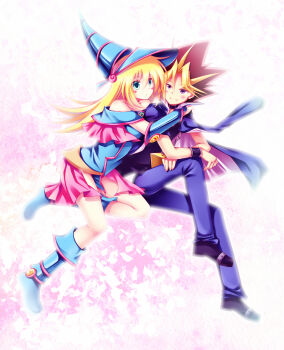 1boy 1girl bare_shoulders blonde_hair blue_footwear blush boots cape chain choker coat couple dark_magician_girl duel_monster colored_bangs gem green_eyes hat hetero highres hug hug_from_behind jewelry millennium_puzzle multicolored_hair necklace nobuda pendant pentacle purple_eyes school_uniform shoes skirt smile spiked_hair wizard_hat yami_yugi yu-gi-oh! yu-gi-oh!_duel_monsters