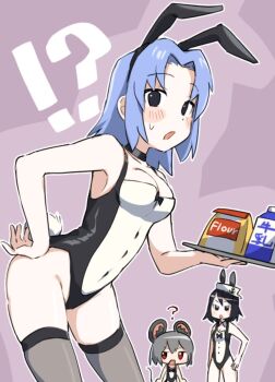 !? 3girls animal_ears black_choker black_hair blue_hair blush breasts choker cleavage commentary_request cookie_(touhou) cowboy_shot drink_carton fake_animal_ears fake_tail flour flour_(cookie) grey_hair grey_thighhighs hand_on_own_hip highres kumoi_ichirin leaning_forward leotard looking_at_viewer medium_breasts medium_hair milk_(cookie) milk_carton mouse_ears mouse_tail multiple_girls murasa_minamitsu nazrin nyon_(cookie) open_mouth parted_bangs playboy_bunny pura_(aiueo256375) purple_background rabbit_ears rabbit_tail red_eyes short_hair solo_focus tail thighhighs touhou tray tuxedo_leotard
