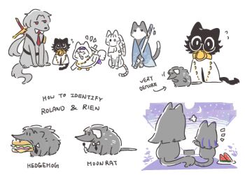 4boys 6+girls albina_(project_moon) android animalization araya_(project_moon) black_necktie bow burger cat chain commentary crescent_moon detached_collar dog english_commentary english_text food fruit full_moon glasses hair_bow hedgehog heterochromia highres holding holding_spork hood hoodie kira_(project_moon) library_of_ruina limbus_company lucio_(project_moon) moon multiple_boys multiple_girls necktie pomeranian_(dog) project_moon purple_bow red_eyes red_necktie ren_(project_moon) rien_(project_moon) robe roland_(project_moon) ryoshu_(project_moon) shashasha simple_background sora_(project_moon) spork star_(sky) sword watermelon watermelon_slice weapon white_background white_hoodie