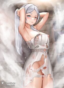 1girl absurdres adjusting_hair armpits arms_behind_head arms_up artist_name blush breasts cleft_of_venus commentary cowboy_shot deep_duck dissolving_clothes dress english_commentary frieren glass_bottle green_eyes half-closed_eyes hands_up highres indoors looking_at_viewer muntins nipples pointy_ears pussy pussy_peek small_breasts smoke smug solo sousou_no_frieren standing thighhighs twintails twitter_username variant_set water_drop wet wet_hair white_dress white_hair window wooden_wall