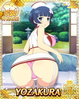 1girl :o ass ass_focus bent_over blue_eyes blue_hair border bowl_cut bra breasts card_(medium) character_name cropped_vest day flower from_behind futon game_cg garter_straps hair_flower hair_ornament hat indoors kneeling large_breasts looking_at_viewer looking_back midriff miniskirt nurse nurse_cap official_art panties pink_bra pink_panties senran_kagura senran_kagura_new_wave short_hair skirt solo thighhighs third-party_source tree underwear vest water white_garter_straps white_thighhighs yozakura_(senran_kagura)