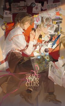 1boy absurdres black_pants black_socks blue_flower bouquet brown_hair brown_shoes character_name coin collared_shirt english_text envelope evidence_board evidence_markers film_strip flower full_body green_eyes hair_between_eyes highres jacket klein_moretti leonard_mitchell letter long_sleeves lord_of_the_mysteries lying male_focus medium_hair newspaper on_side pants paper parted_lips photo_(object) profile quill red_ribbon ribbon shirt shoes socks solo string string_of_fate unworn_jacket white_flower white_shirt youling225