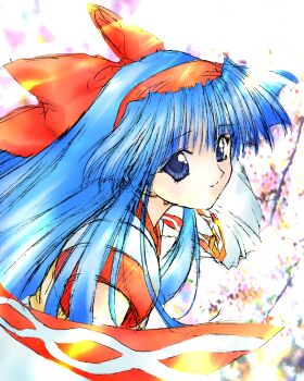 1990s_(style) 1girl ainu_clothes blue_eyes blue_hair cloak hair_ribbon highres long_hair looking_at_viewer nakoruru nanase_aoi retro_artstyle ribbon samurai_spirits smile snk solo source_request the_king_of_fighters