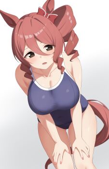1girl absurdres animal_ears astroglia_cyte black_eyes blue_one-piece_swimsuit blush bow breasts brown_hair commentary_request cowboy_shot drill_hair drill_sidelocks ear_bow gluteal_fold hands_on_own_thighs highres horse_ears horse_girl horse_tail large_breasts leaning_forward looking_at_viewer medium_hair norn_ace_(umamusume) one-piece_swimsuit open_mouth school_swimsuit side_drill sidelocks solo standing swimsuit tail textless_version tracen_swimsuit umamusume umamusume:_cinderella_gray