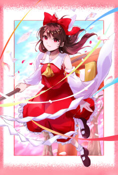 Rule 34 | 1girl, absurdres, ascot, bow, brown hair, cherry blossoms, commentary request, detached sleeves, falling petals, frilled bow, frilled skirt, frills, gohei, hair bow, hakurei reimu, highres, holding, holding gohei, long hair, mary janes, ofuda, petals, pink petals, red bow, red eyes, red skirt, shoes, skirt, skirt set, socks, solo, torii, touhou, white socks, yamuyamu, yellow ascot