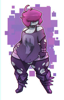 1girl bare_shoulders bigdad bra breasts cleavage closed_mouth collar covered_eyes fingerless_gloves fold-over_boots full_body gazlene_membrane gloves hair_over_eyes hand_on_own_hip invader_zim medium_breasts pantyhose pantyhose_under_shorts pear-shaped_figure pink_hair purple_footwear purple_gloves purple_shirt shirt short_hair shorts simple_background skull_print solo standing thick_thighs thighs torn_clothes torn_pantyhose underwear wide_hips