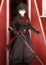 Rule 34 | 1girl, absurdres, assassin&#039;s creed (series), belt, black boots, black hood, blue eyes, boots, breasts, brick wall, brown belt, brown gloves, bullet, closed mouth, commentary request, commission, cosplay, cowboy shot, gloves, gun, highres, holding, holding gun, holding weapon, inoshira, large breasts, looking at viewer, nikolai orelov, nikolai orelov (cosplay), nonna (girls und panzer), pocket, rifle, scope, second-party source, skeb commission, sniper rifle, solo, standing, utility belt, weapon