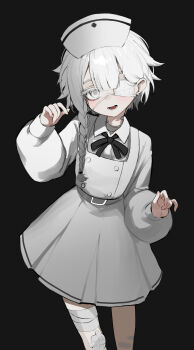 1girl absurdres bandaged_leg bandaged_neck bandages black_background black_ribbon braid chocpocalypse collared_shirt colored_eyelashes commentary dress eyepatch gauze gauze_on_leg hat highres long_sleeves looking_at_viewer medical_eyepatch nail_polish neck_ribbon nurse nurse_cap one_eye_covered open_mouth original pinafore_dress pink_nails puffy_long_sleeves puffy_sleeves ribbon shirt simple_background single_braid sleeveless sleeveless_dress smile solo white_dress white_eyes white_hair white_hat white_shirt