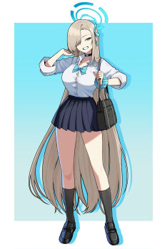 Rule 34 | 1girl, absurdres, aqua background, aqua bow, aqua bowtie, aqua eyes, aqua halo, aqua nails, aqua ribbon, aqua scrunchie, asuna (blue archive), asuna (school uniform) (blue archive), bag, black bag, black choker, black shoes, black skirt, black socks, blonde hair, blue archive, border, bow, bowtie, breasts, choker, collarbone, commentary request, fingernails, full body, hair over one eye, hair ribbon, halo, hand up, highres, junmin, large breasts, legs, long fingernails, long hair, long sleeves, looking at viewer, nail polish, official alternate costume, ribbon, school uniform, scrunchie, shirt, shoes, shoulder bag, simple background, skirt, smile, socks, solo, standing, teeth, very long hair, white border, white shirt, wrist scrunchie