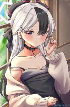 1girl amaimi artist_name black_bow black_choker black_dress black_hair black_horns black_nails blue_archive bow breasts cardigan choker cleavage clenched_hand collarbone demon_horns dress colored_bangs ear_piercing elbow_rest expressionless eyes_visible_through_hair gradient_hair grey_cardigan hair_between_eyes hair_bow hair_ornament hairclip halo hand_up horns indoors kayoko_(blue_archive) kayoko_(dress)_(blue_archive) light_blush light_particles long_hair looking_at_viewer mole mole_on_neck multicolored_hair off_shoulder pendant_choker piercing red_eyes spaghetti_strap two-tone_hair upper_body white_hair white_halo window