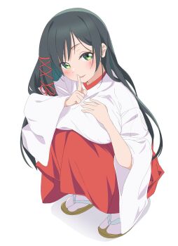 1girl 4uys amagami-san_chi_no_enmusubi amagami_yae black_hair blush breasts colored_inner_hair commentary finger_to_mouth full_body green_eyes hair_ribbon hakama hakama_skirt hand_on_own_chest head_tilt highres japanese_clothes kosode large_breasts light_smile long_hair looking_at_viewer miko multicolored_hair parted_lips red_ribbon red_skirt ribbon sandals shushing simple_background skirt solo squatting straight_hair tabi white_background zouri